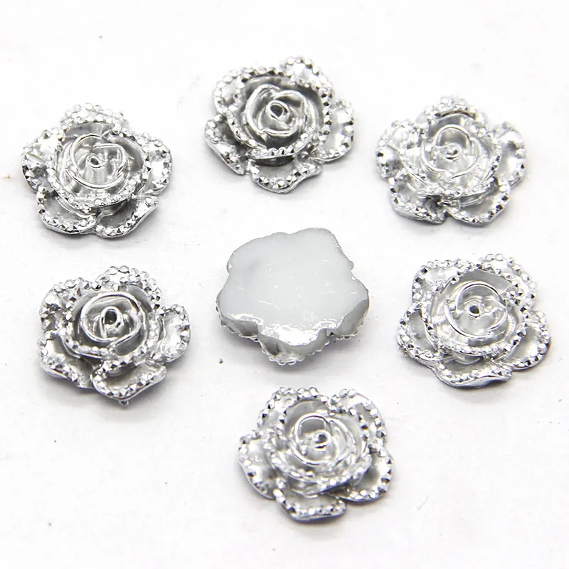 

40pcs 11x11mm Silver Rose Flower Flatback Kawaii Flat Back Resin Cabochon DIY Craft Wedding Decoration Embellishment