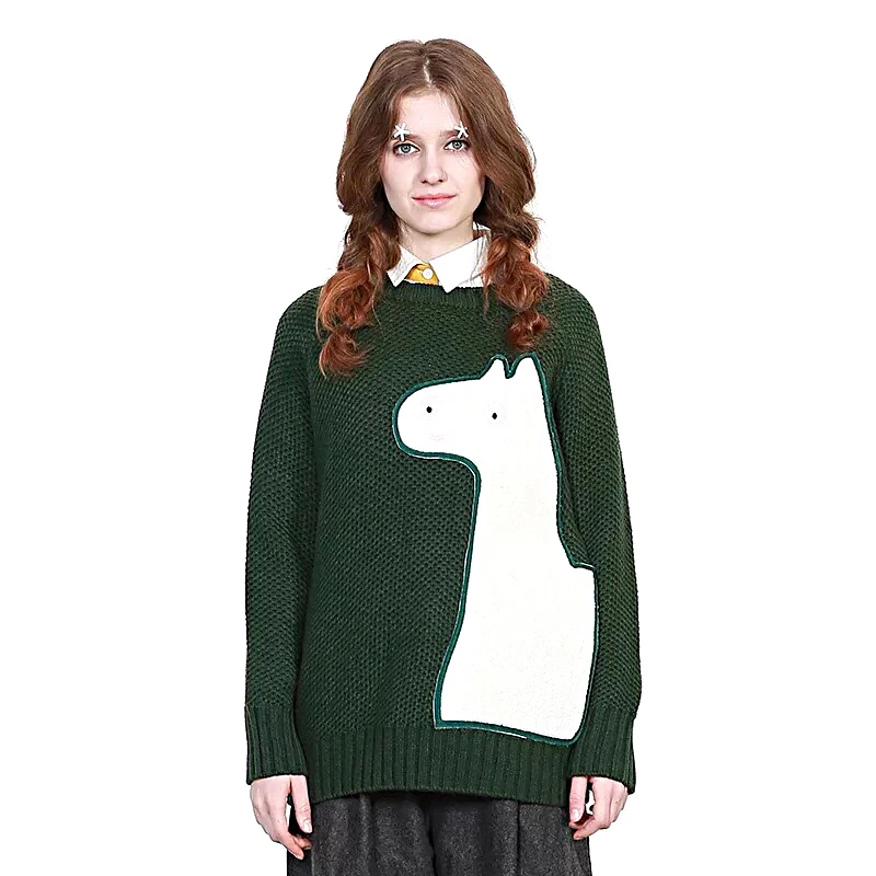 Autumn Winter Women Pullover Sweaters Thick Girl Loose Green Knitting Jumpers Tops O Neck Horse Harajuku Ladies Knitwear Pretty | Женская