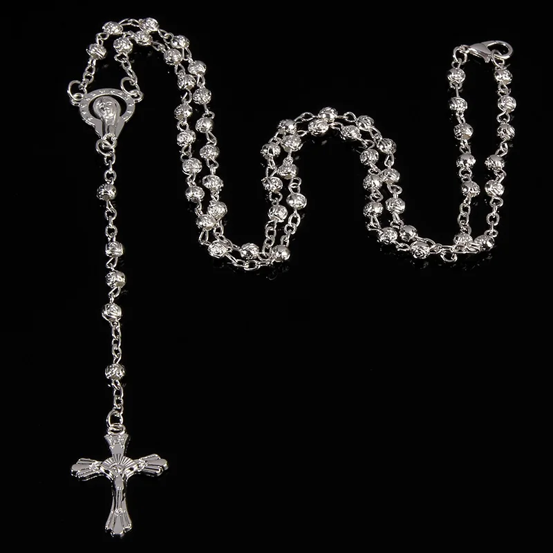 4 мм Нержавеющая сталь Розовое золото Розария длинная цепь Шарм Розовая бусина из