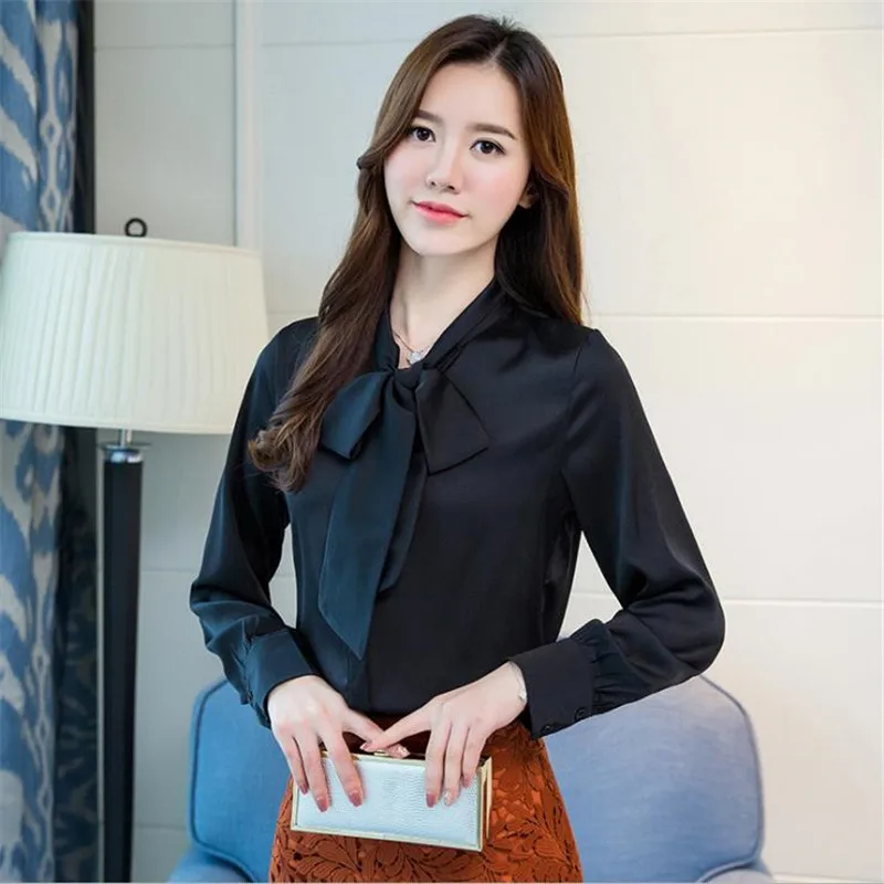 Рубашка Женская атласная с длинным рукавом и бантом большого размера | одежда