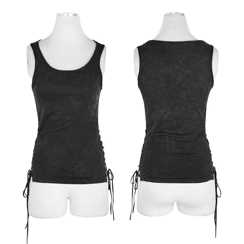 Панк рейв женский панк стиль черный облегающий жилет с кулиской кружевной боковой эластичный личности