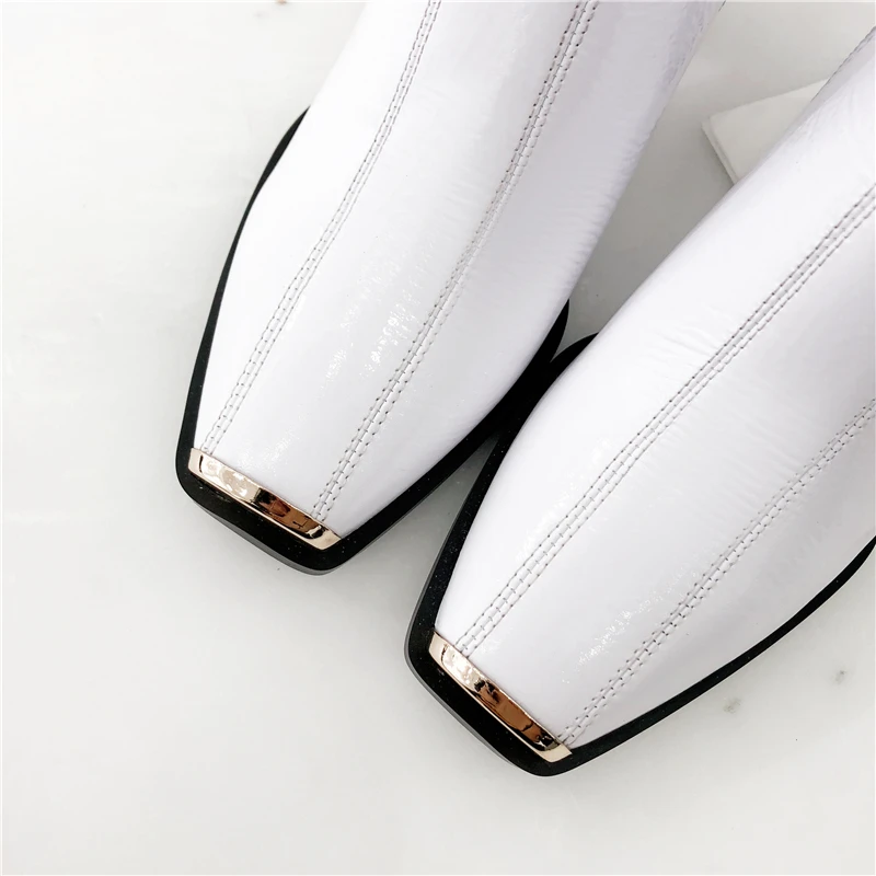 

BuonoScarpe Women Warm Winter Boots Black Motorcycle Ankle Boots Metal Square Toe High Heel Botas Mujer 2018 Patent LeatherShoes