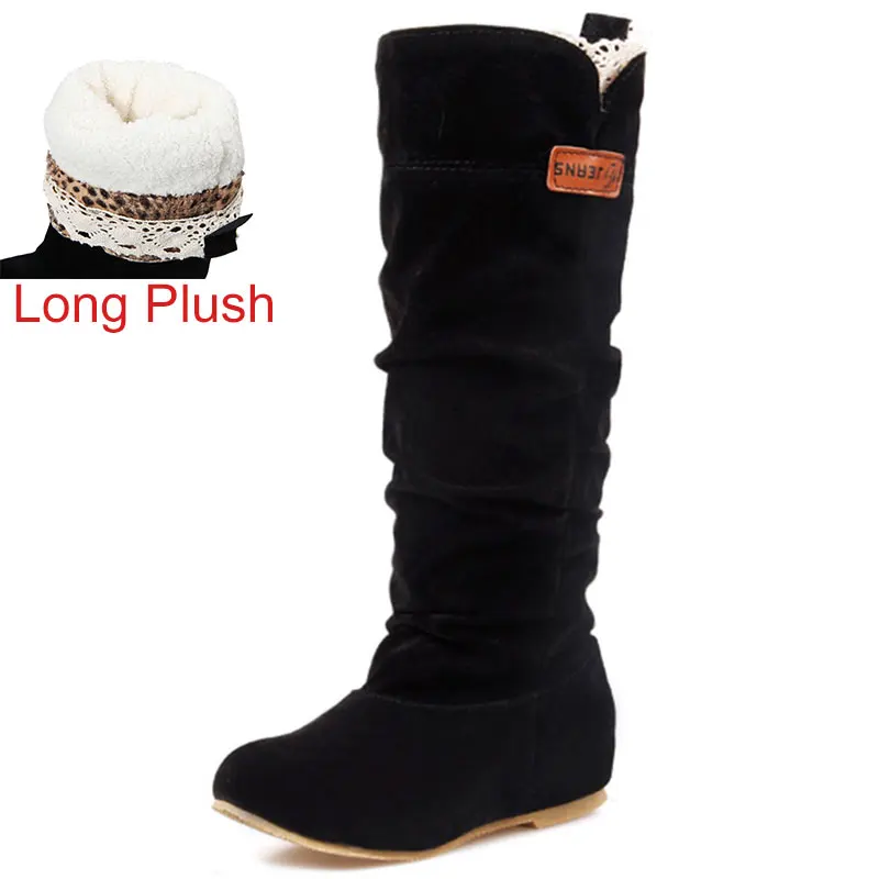 plush black Lloprost ke/весенне-осенние ботинки женские вечерние сапоги до середины икры с круглым носком стильная обувь из флока на плоской подошве зимние сапоги - Цвет: plush black