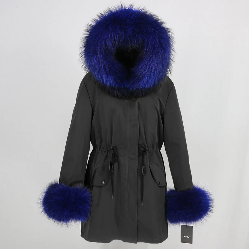 black blue Водонепроницаемая Женская парка, зимняя куртка, женская шуба из натурального меха енота, Воротник из меха лисы, капюшон, отстегивающиеся манжеты, уличная одежда, роскошная - Цвет: black blue