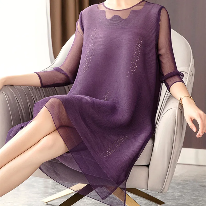 purple Специальные складки сетки сшивание Фиолетовое Женское плиссированное платье Бисероплетение прозрачное три четверти рукав женское летнее платье - Цвет: purple