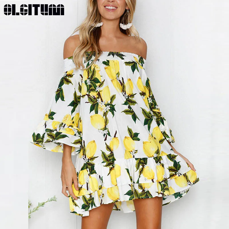 

New 2022 Female Slash Neck Ruffled Off-Shoulder Print Beach Drees A-Line Sleeves Large Swing Dress DR917
