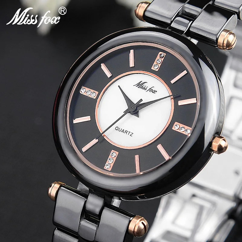 Фото MissFox черные керамические наручные часы модный бренд MISS FOX розовое золото для