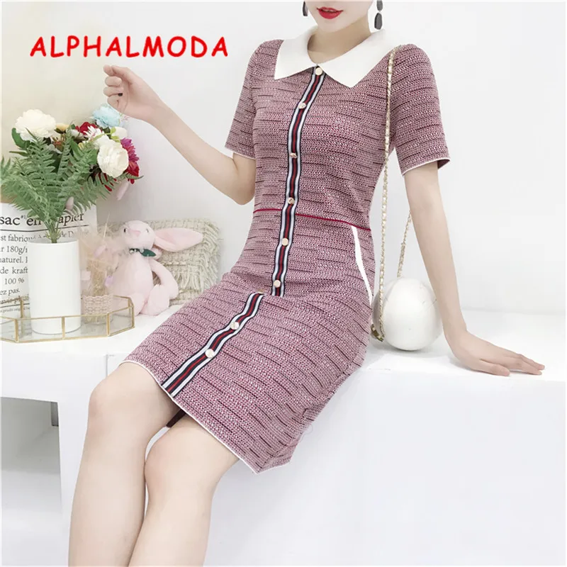 ALPHALMODA однобортное женское Повседневное трикотажное платье в полоску с отложным