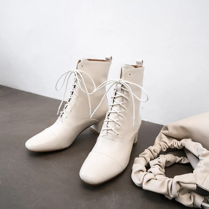 SARAIRIS/ботильоны из натуральной кожи на шнуровке для зрелых женщин; коллекция года; модные ботинки с квадратным носком; Офисная Женская обувь на высоком каблуке
