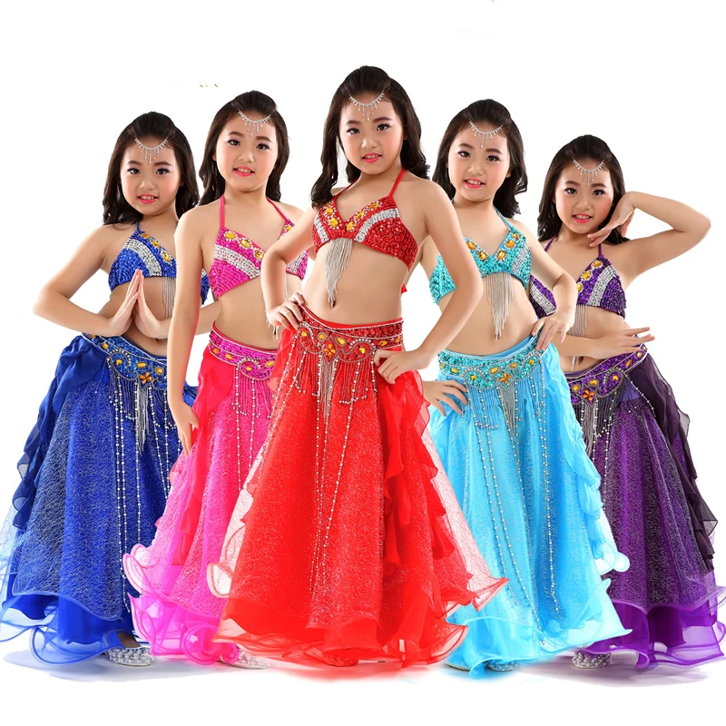 

Belly Dance Costumes Girls Oriental Dance Sequined Beaded Bra And Belt Bellydance Suit Kids Sexy Clothes Performance Wear DN1931