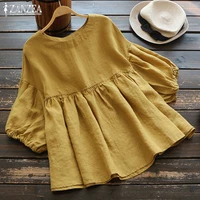 2022 zanzea ruffle top womens linen blouse fashion woman tunic vintage 34 lantern sleeve blusas tee shirts s