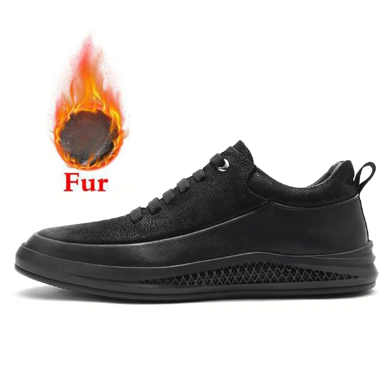 Black fur Мужская обувь из натуральной кожи; сезон осень-зима; визуально увеличивающая рост Уличная Повседневная обувь; кроссовки; дышащая Нескользящая прогулочная обувь для мужчин - Цвет: Black fur
