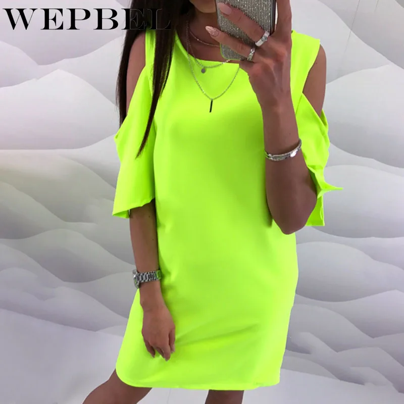 WEPBEL женское мини-платье с открытыми плечами, круглый вырез, короткий рукав, шифоновое платье с оборками, вечерние мини-платья, туники, футболки, платья