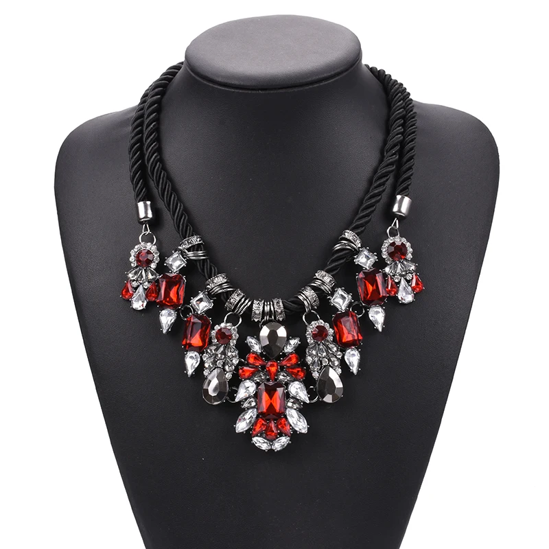 Женское винтажное ожерелье чокер Синий Красный Кристалл Стразы Черная веревка