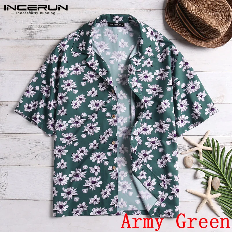 Army Green Shirt INCERUN, летняя новинка, цветочный принт, Мужская гавайская рубашка, свободная, короткий рукав, отложной воротник, для отпуска, тропические, пляжные Рубашки, Топы - Цвет: Army Green Shirt