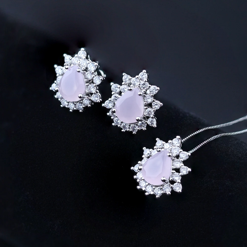 Elegant Milky Pink Jewelry Set Cubic Zirconias Water Drop Pendant Necklace &amp Stud Earrings for Women Fashion JWX015 | Украшения и