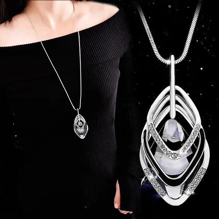silver rhombus Винтажный геометрический хрустальный кулон, ожерелье, элегантные цепочки для свитера с цветами и кисточками, OL длинное ожерелье, ювелирные изделия, женские аксессуары - Окраска металла: silver rhombus