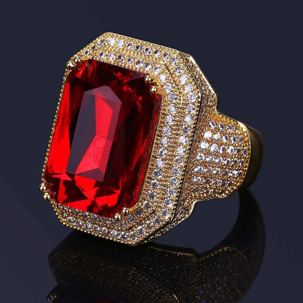 Хип-хоп со Льдом Bling CZ мужские кольца уличных танцев Популярные в стиле хип-хоп DJ для ночного клуба; Большой красный камень кольца аксессуары в стиле панк (art.: 7a875e661) - 7a875e661