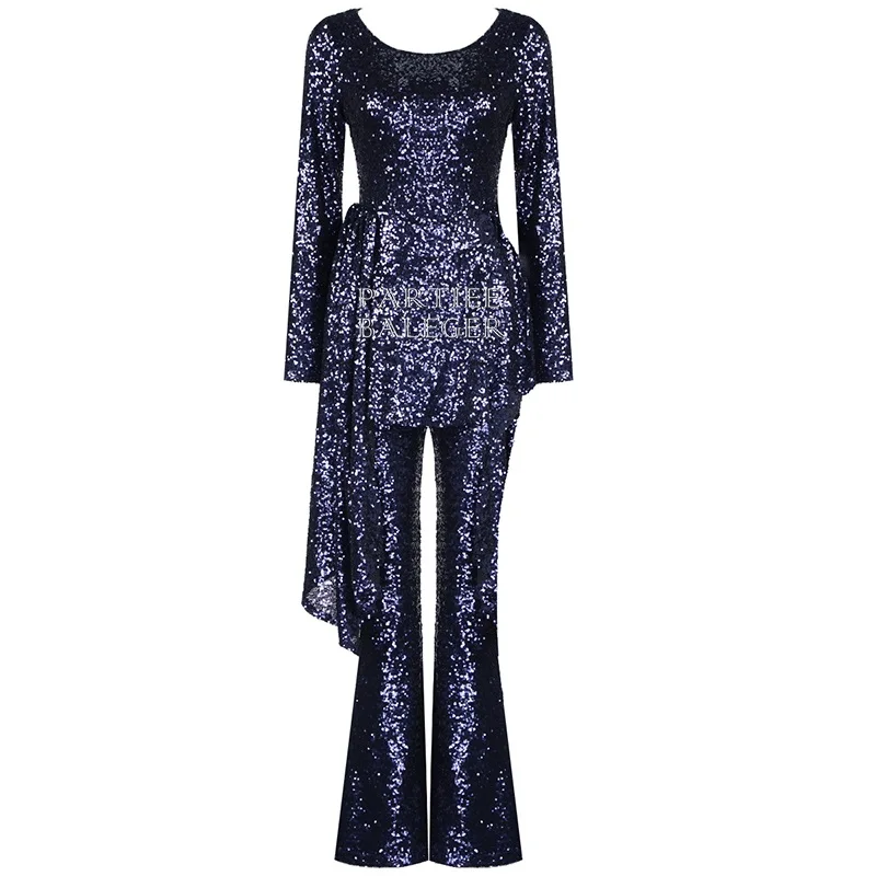 2019 Hot New Arrival Purple Jumpsuit Elegant Ruffles Design Sequins Embellished Long Sleeves O Neck Celebrity Party | Женская одежда