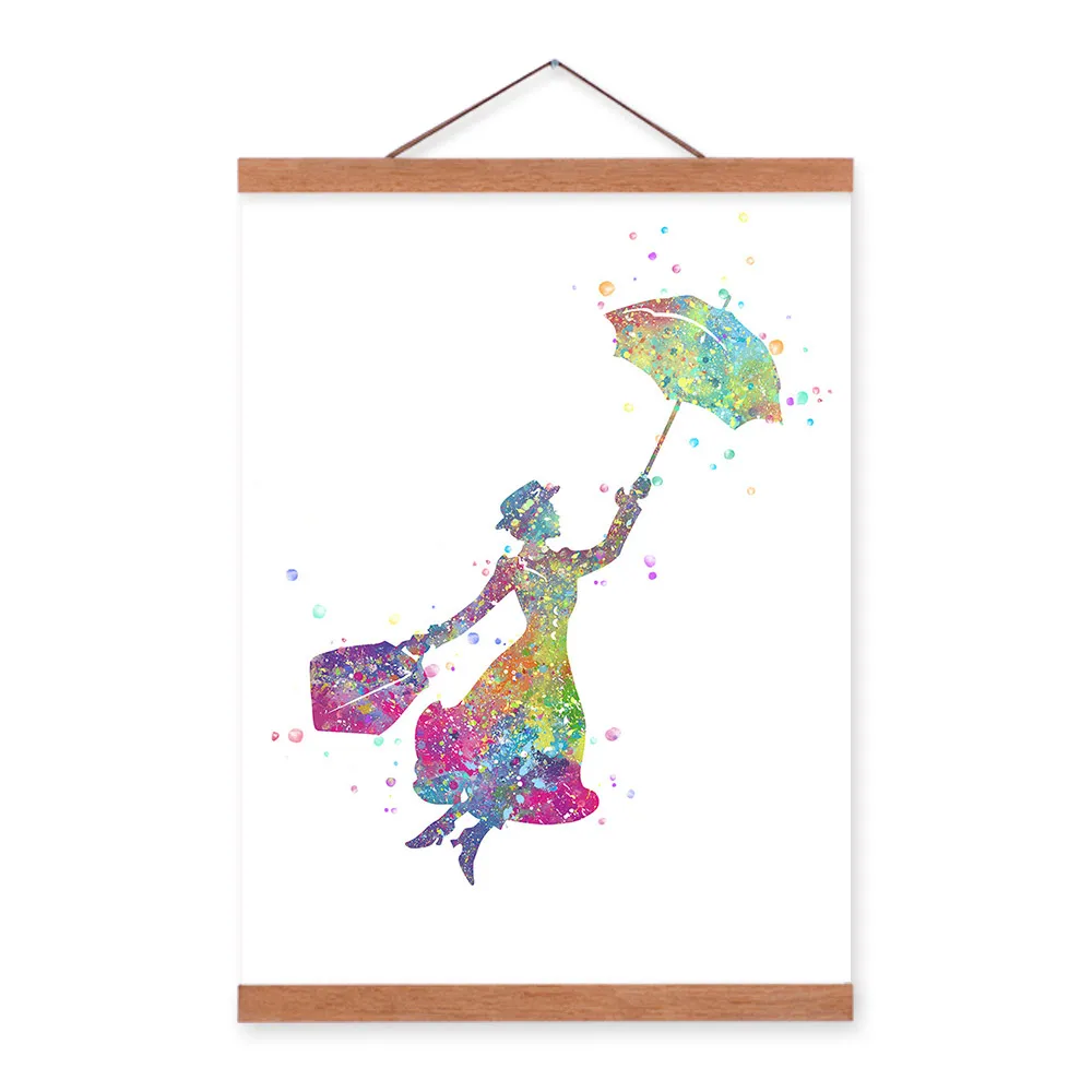 Акварельный постер Мэри Поппинс "Pop Fantasy Movie Flying" на холсте для детской комнаты без рамки.