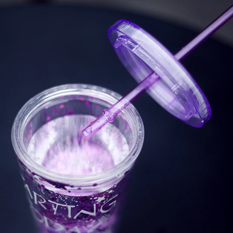 30pcs/lot 450ml Creative Colorful Double Layer Plastic Cup With Lid Summer Gold Powder Juice Water Straw 15.5*6.5cm | Дом и сад