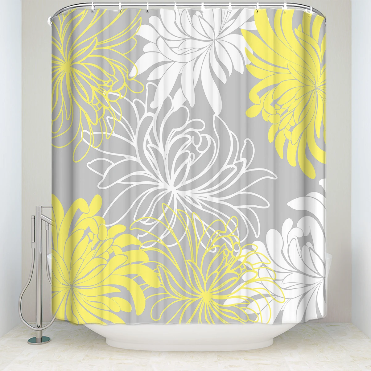 Waterproof Floral Shower Curtain with Hooks Polyester Fabric Daisy Pattern Bathroom Curtains for Home Decor White Gray Yellow | Дом и сад