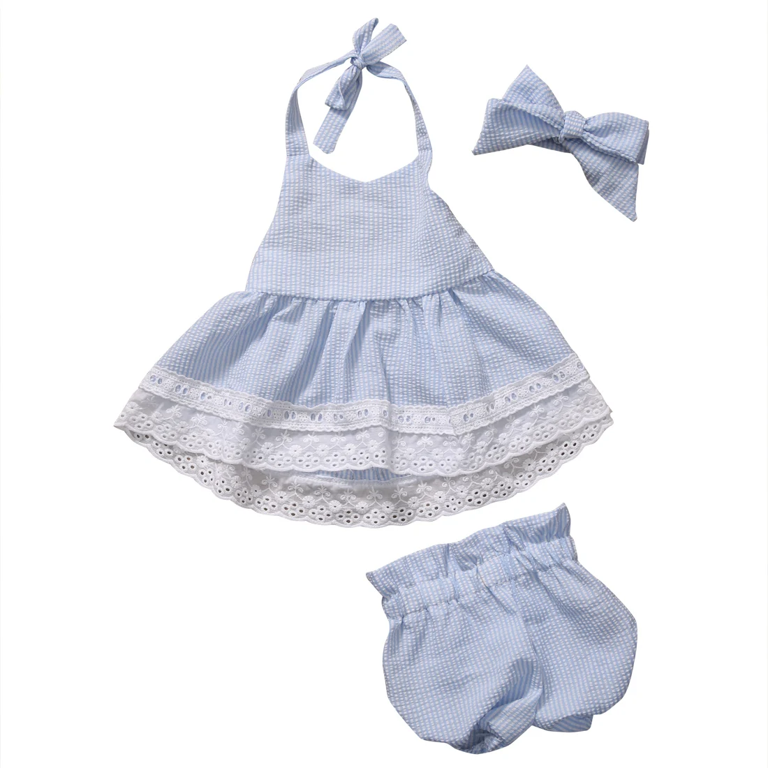 Кружевной укороченный топ в полоску для девочки + шорты с бантиком