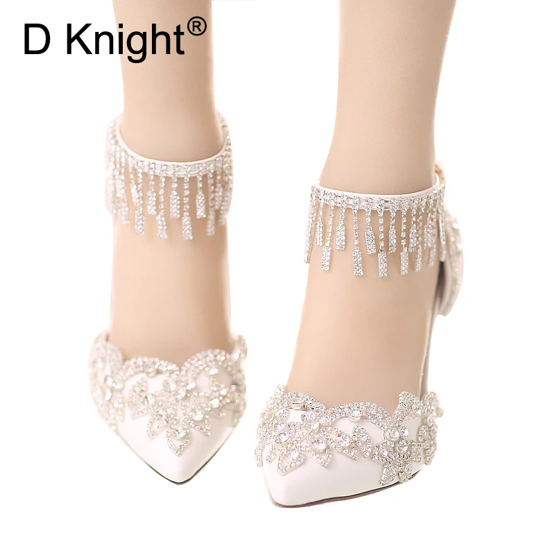 Летние белые туфли лодочки Женские свадебные со стразами Кожаные на высоком