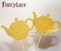 12pcs glitter gold tea party teapots tea cup cupcake toppers pick baby shower alice in wonderland party decoration kits one side