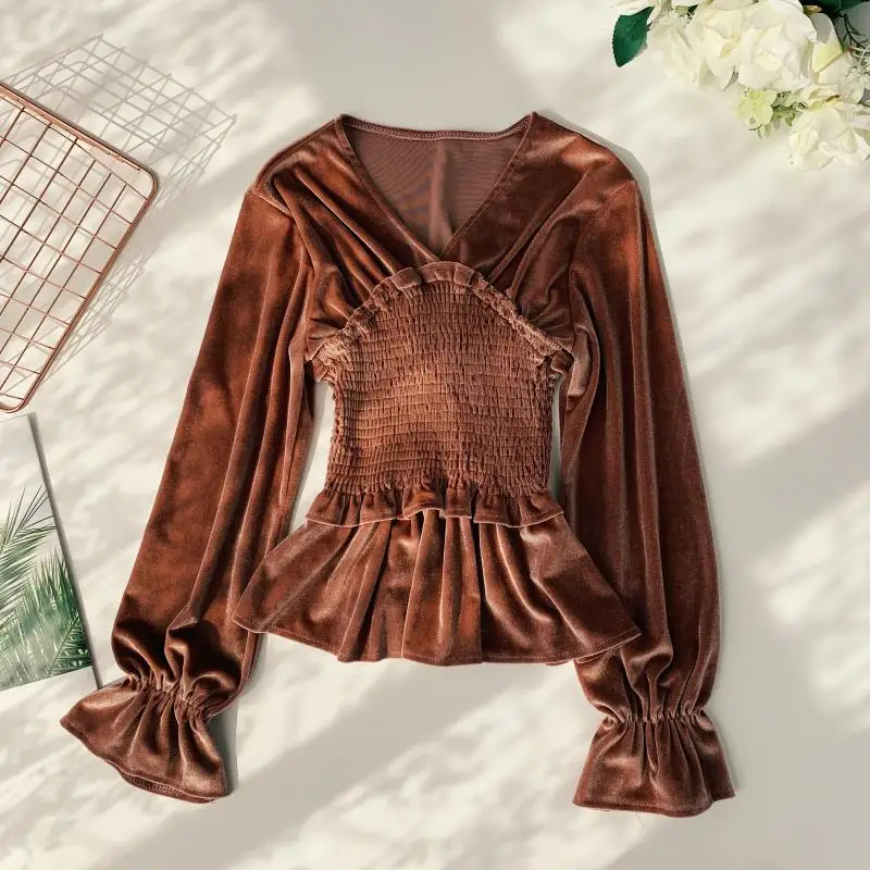 2019 new fashion women's blouse shirt elegant solid color velvet V-neck elastic pleated waist versatile blusa top |