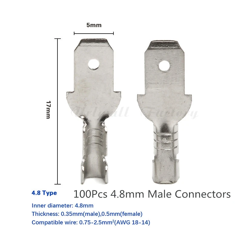 4.8mm Silver 100 шт./компл. 4,8/6,3 мм Женский обжимных клемм соединитель золотистыми латунными зубцами/серебристый автомобиль Динамик электрические соединители проводов Набор - Цвет: 4.8mm Silver