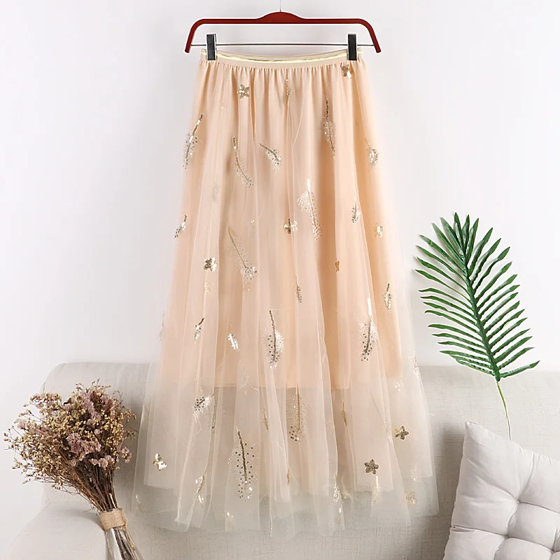 Женская фатиновая юбка с вышивкой весна лето 2019 средней длины эластичной высокой