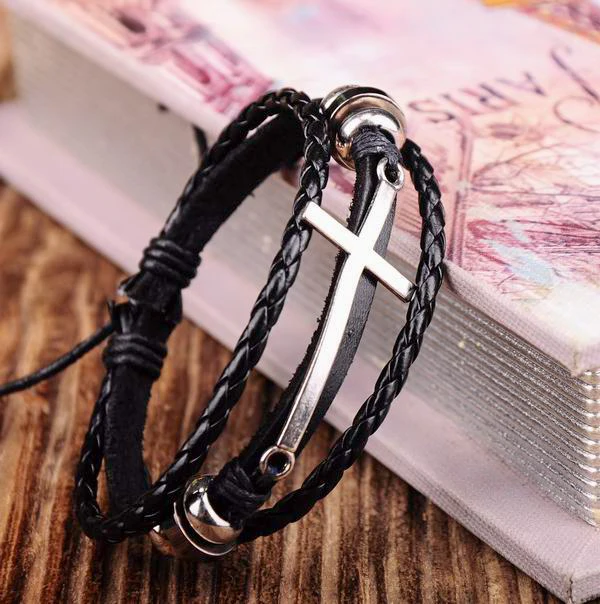 G376 черный стильный металлический крест кожаный браслет наручная повязка