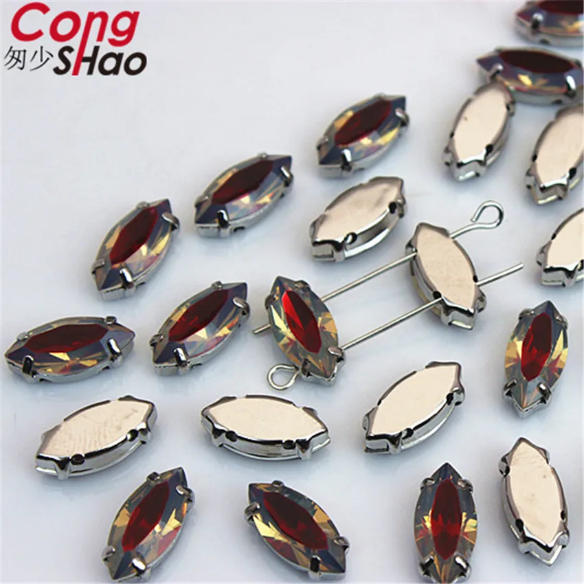

Cong Shao 80pcs 7*15mm Marquise Shape Double color Resin Rhinestones With Copper Metal Settings DIY Sewing Buttons 2 Hole CS246