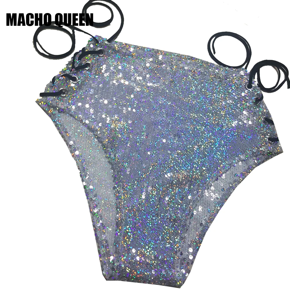 Летние голографические фестивальный рейв EDC одежда наряды G ear Sequin на шнуровке Высокая талия шорты для женщин бикини - Цвет: 379SR silver