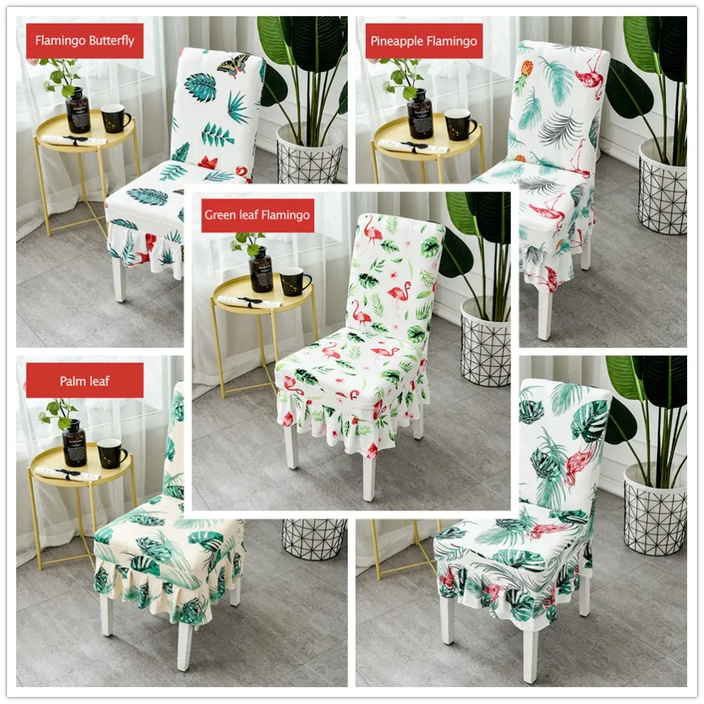 Тропические листья спандекс Чехол для стула тянущийся Фламинго плиссированные