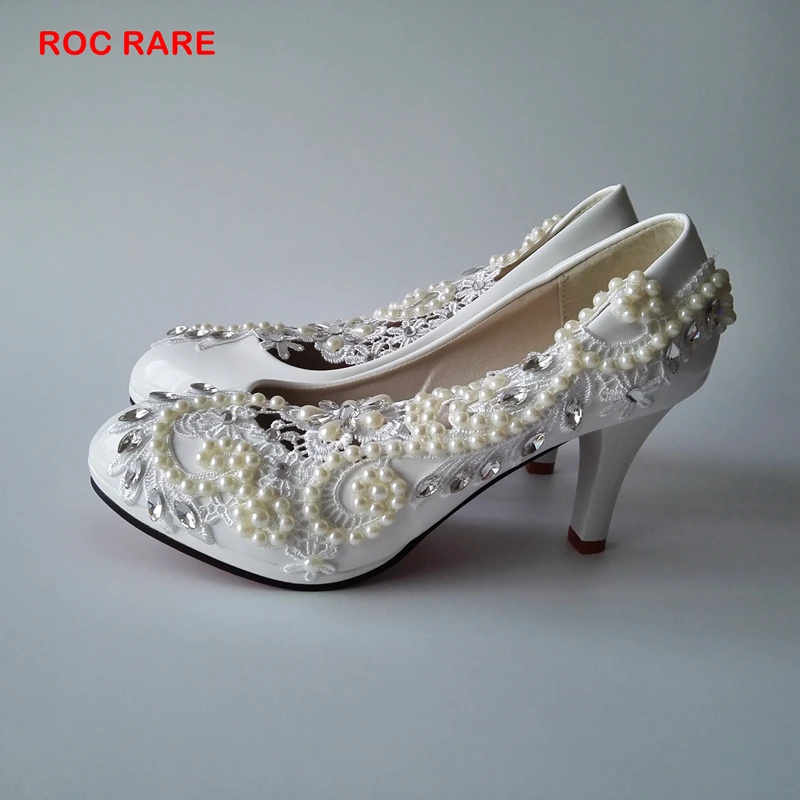 Новые Модные Белые Кружево жемчугом женская свадебная обувь ручной работы