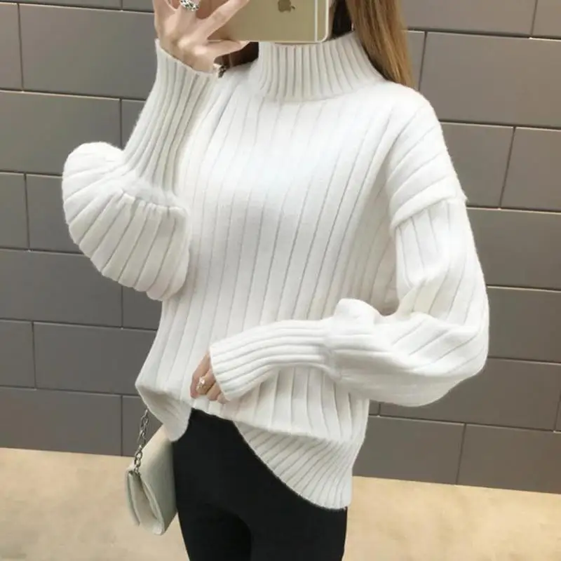 2020 Winter Sweater Women Fashion Simple Lantern Sleeves High Collar Solid Color Knitting Bottom Comfort Joker Pullovers USWMIE | Женская