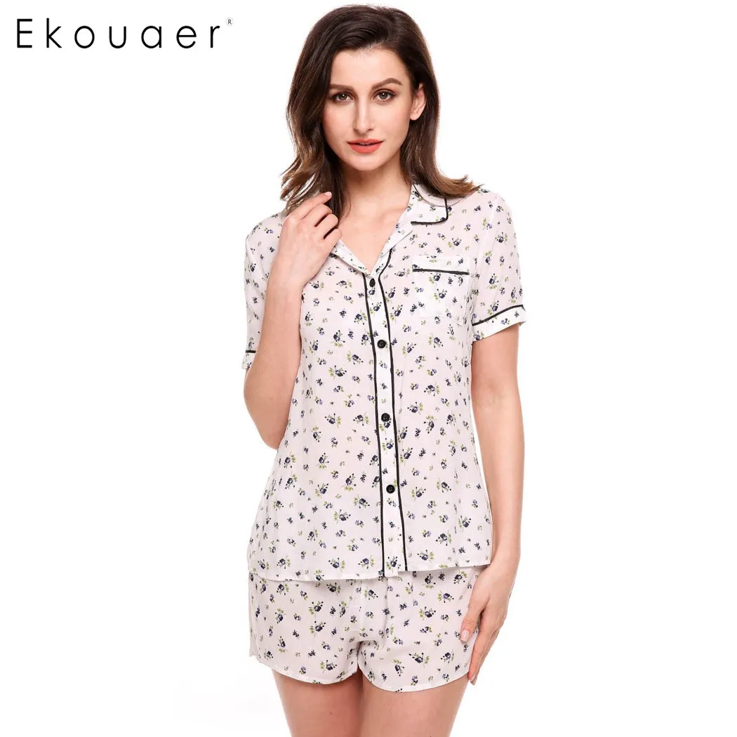 Ekouaer/Пижама с цветами комплект женская повседневная одежда для сна коротким