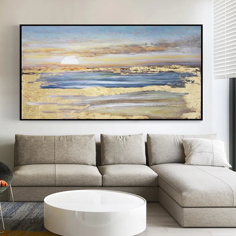 Goede Moderne Abstracte Sunrise Canvas Schilderijen Hand Geschilderd Landschap Gold Wall Art Foto 'S Voor Woonkamer Home Decor