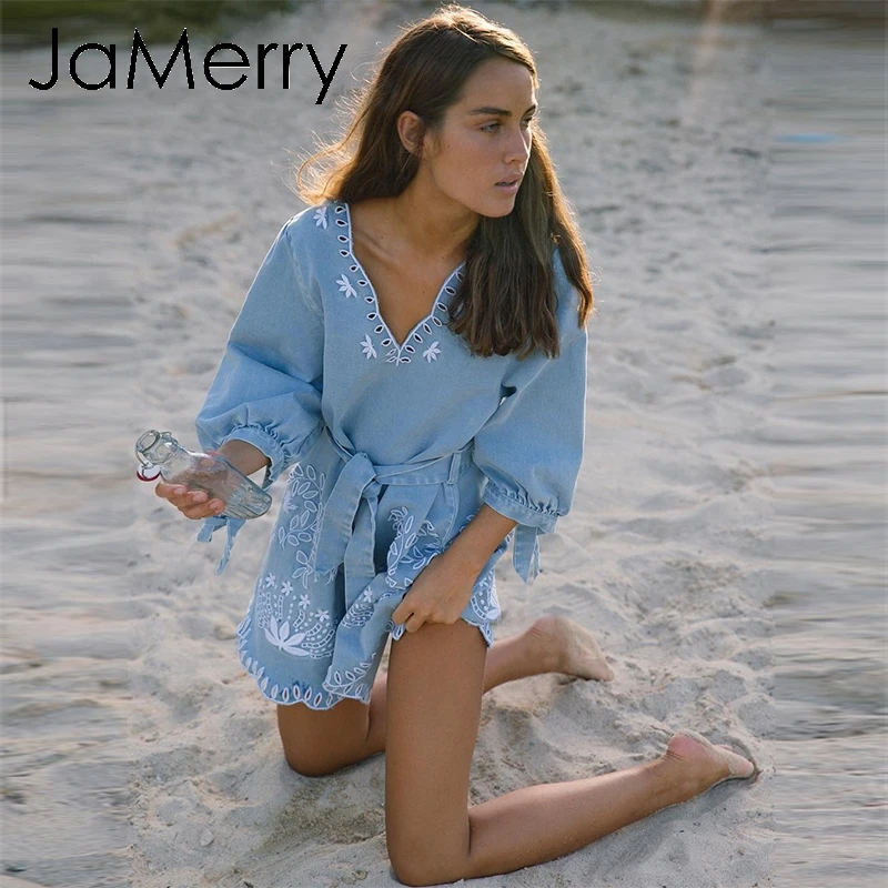 Женское винтажное короткое платье JaMerry Синее джинсовое повседневное мини в стиле