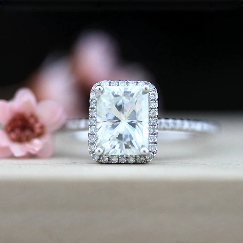 

14k белое золото 2.7ct карат Лучистая огранка помолвка Свадьба Лаборатория Grown Moissanite АЛМАЗНОЕ КОЛЬЦО набор Тест Положительный Лаборатория Grown А...