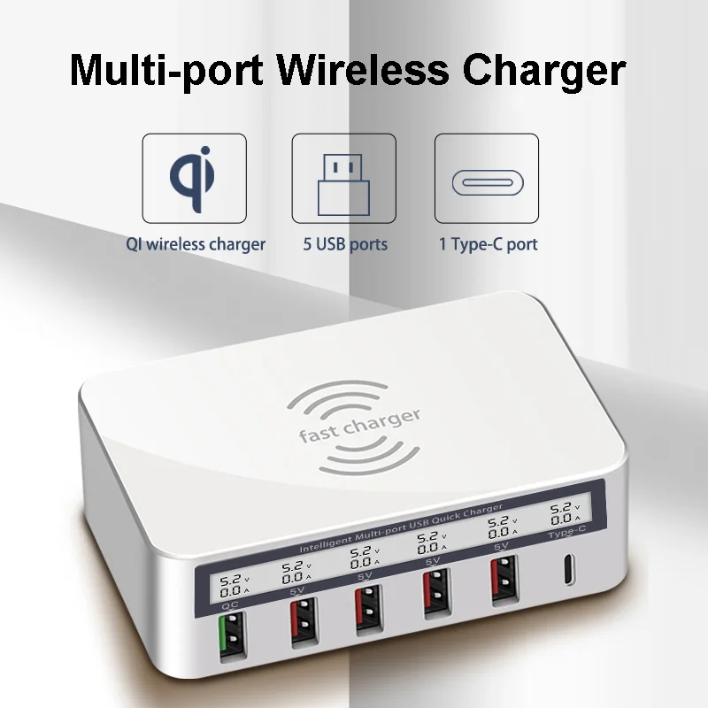 QI Беспроводная зарядка Быстрая 3 0 6 портов USB Type C быстрое зарядное устройство