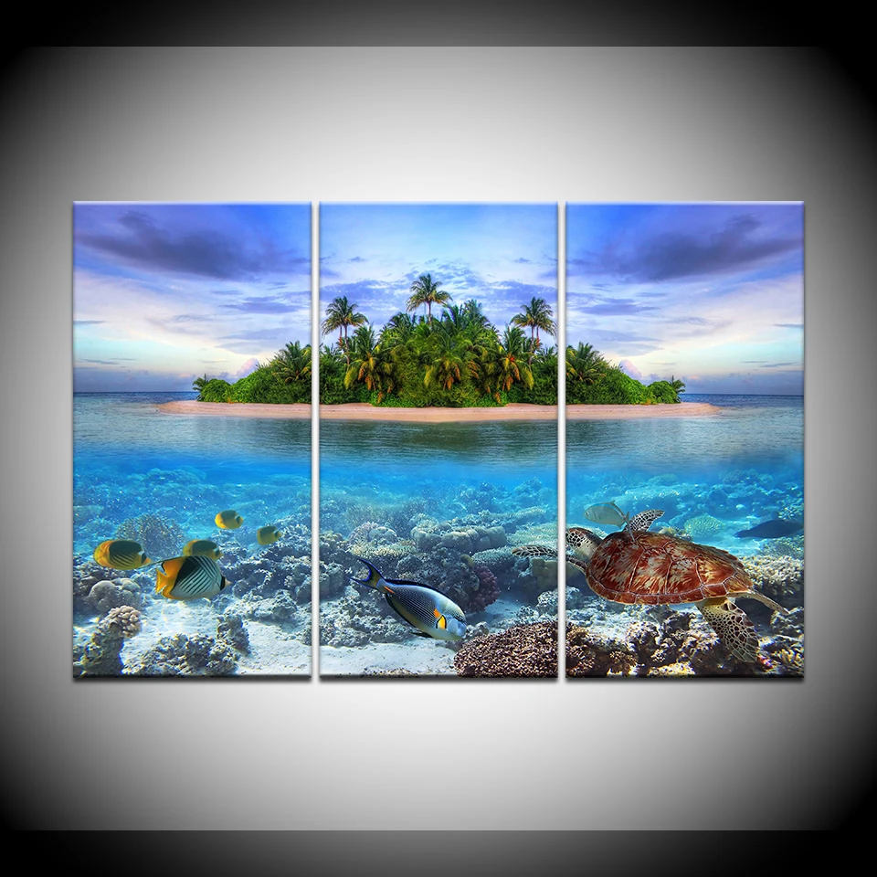 Картина на холсте тропический остров с рыбами 3 шт. Настенная картина модульные