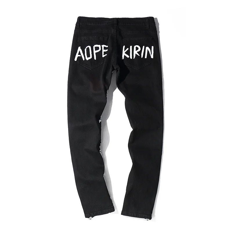 Мужские джинсы винтажные рваные с буквенным принтом для мужчин уличная одежда в