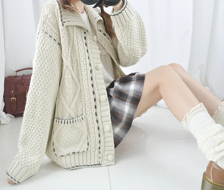 Wool Blend Vintage Winter Warm Loose Sweater Long Sleeve Twisted Knitted Cardigan Pockets Color Beige |
