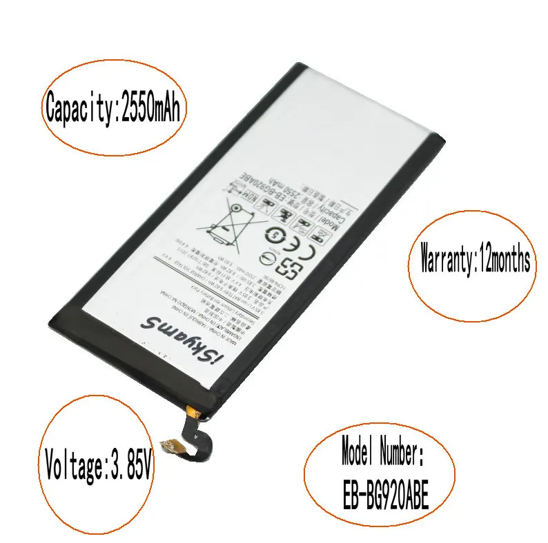 ISkyamS 1x2550 мА/ч EB-BG920ABE Замена литий-ионная аккумуляторная батарея для Samsung Galaxy S6 G9200