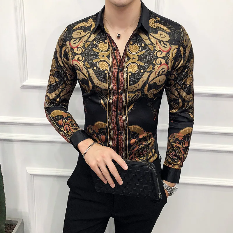 

2019 New Men Club Prom Shirt Luxury Gold Black Shirt Men Slim Fit Long Sleeve Camisa Masculina Gold Black Chemise Homme Social