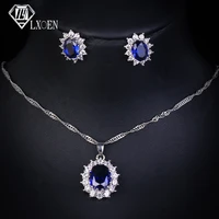 lxoen classic oval blue crystal jewelry sets for women white gold color queen style wedding set necklace and earing set
