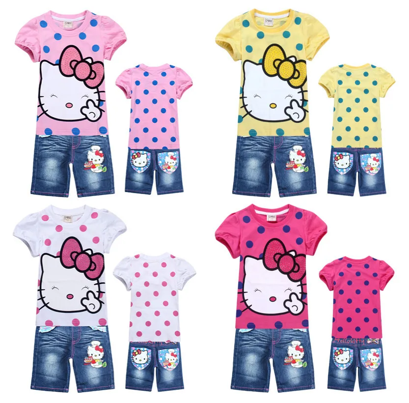 Wholesale New 2014 Summer Kids Clothing Set Cute Dots Hello Kitty t shirts + Pants Jeans Shorts Outfits Girls | Мать и ребенок